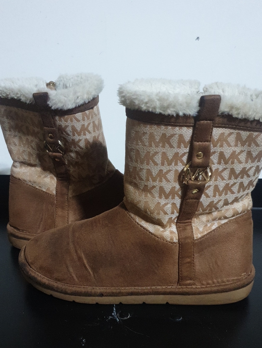 Michael Kors Brown Tan MK Logo Shearling Boots